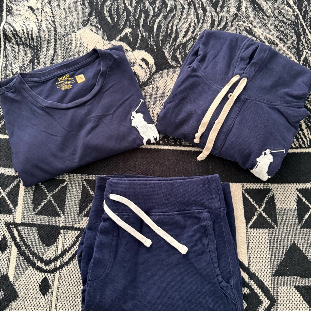Polo Ralph Lauren Big Pony Navy Blue White Pullover Sweater Shirt Shorts 3-Piece